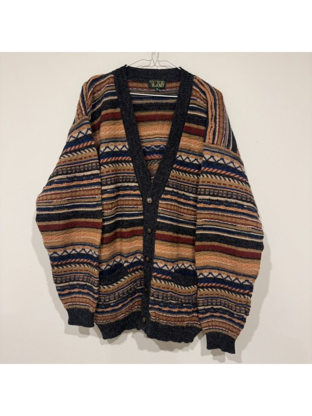 Vintage 1990s Textured 3D Knit Wool Alpaca Blend Cardigan Size XL Top Knit